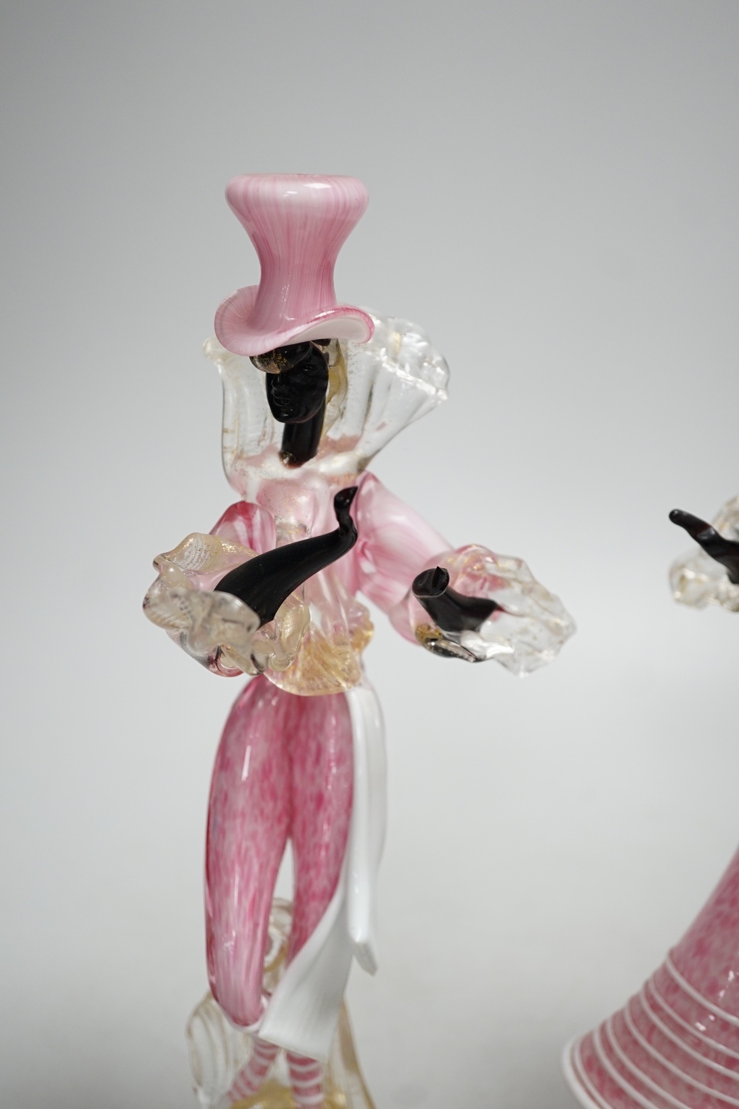 A pair of pink Italian glass Murano dancing figurines. Tallest 28cm